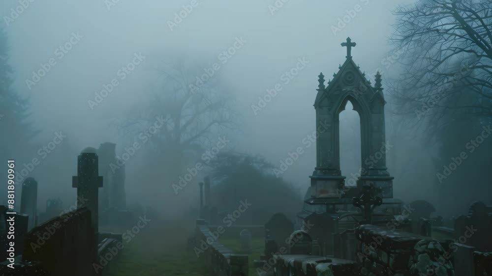 A cemetery engulfed in dense fog, creating a haunting atmosphere, Mysterious fog drifting through a haunted graveyard A cemetery engulfed in dense fog, creating a haunting atmosphere, Mysterious fog drifting through a haunted graveyard