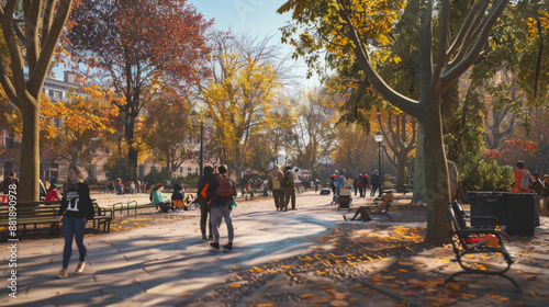Wallpaper Mural A lively park scene in autumn with people enjoying a sunny day amidst the fall foliage. Torontodigital.ca