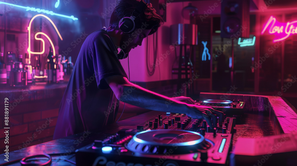 Naklejka premium A DJ immersed in crafting music sets in a dimly-lit, neon-accented club, embodying the vibrant nightlife and energetic ambiance of electronic music culture.