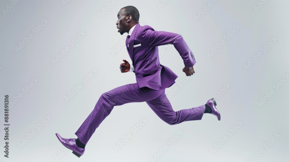 Stylish man in a purple suit dynamically leaping forward against a minimalist grey background, capturing motion and ambition. Stylish man in a purple suit dynamically leaping forward against a minimalist grey background, capturing motion and ambition.