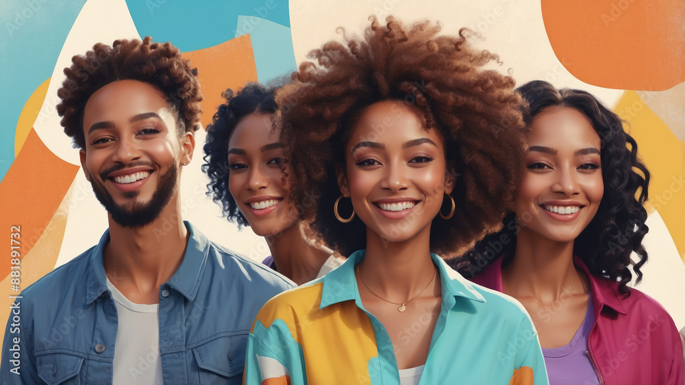 Four friends, two women and two men, stand close together in a brightly colored setting, all smiling warmly at the camera Four friends, two women and two men, stand close together in a brightly colored setting, all smiling warmly at the camera