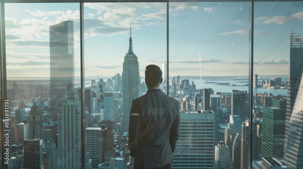 Overlooking a bustling urban skyline, a businessman contemplates the cityscape from a high-rise office, reflecting ambition and urban life. Overlooking a bustling urban skyline, a businessman contemplates the cityscape from a high-rise office, reflecting ambition and urban life.