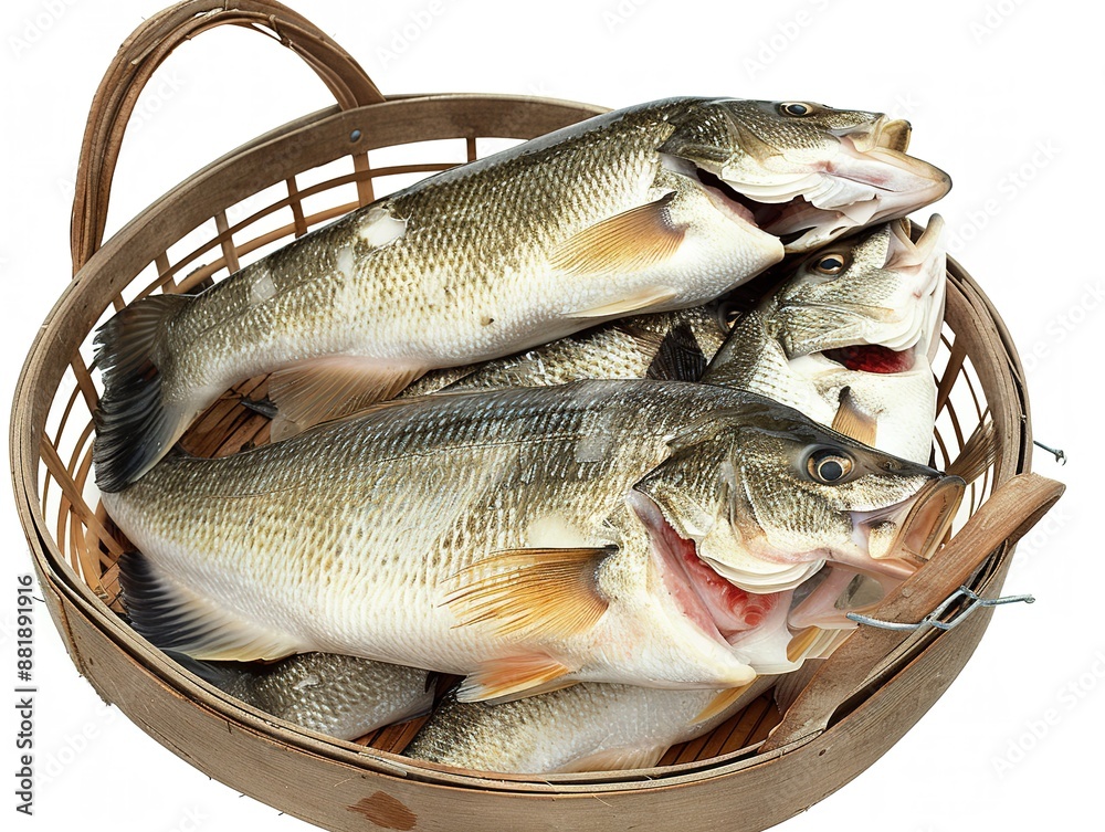 Basket of fresh fish on white background isolated Basket of fresh fish on white background isolated