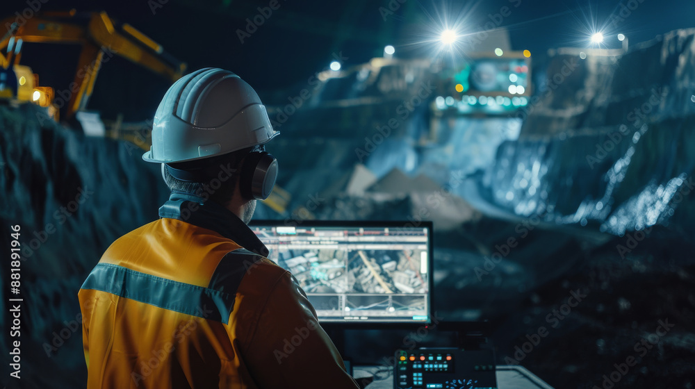 Man in a hard hat monitors a high-tech mining operation under bright lights. Man in a hard hat monitors a high-tech mining operation under bright lights.