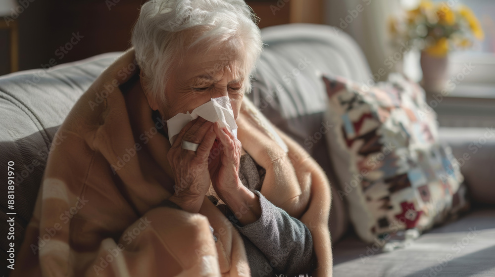An elderly woman, wrapped in a cozy blanket, sneezes into a tissue while seated on a comfortable couch in a warmly lit living room. An elderly woman, wrapped in a cozy blanket, sneezes into a tissue while seated on a comfortable couch in a warmly lit living room.