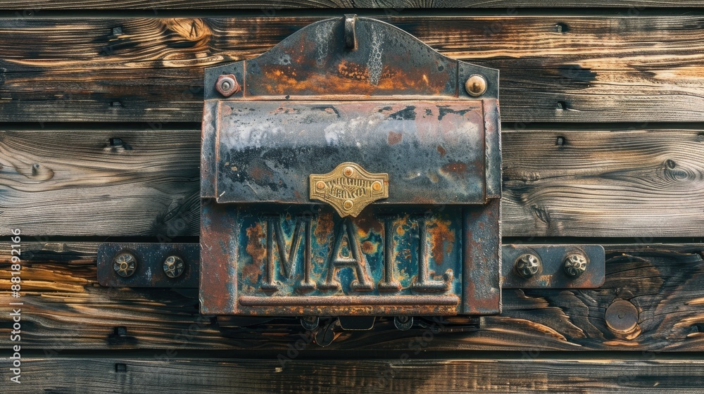Antique Iron Mailbox with Mail Sign on Wood Wall Antique Iron Mailbox with Mail Sign on Wood Wall