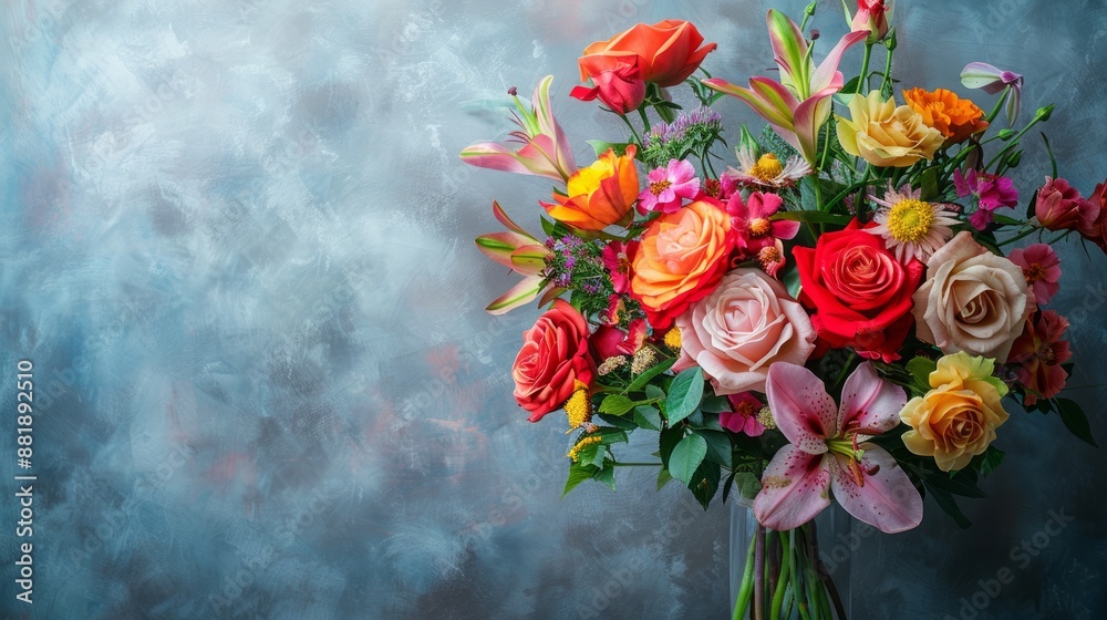 Vibrant Bouquet of Roses and Lilies Against a Soft Blue Background Vibrant Bouquet of Roses and Lilies Against a Soft Blue Background