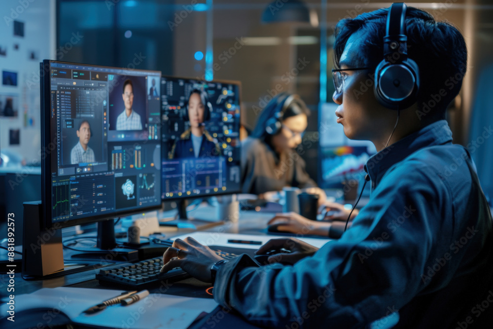 Software developer is working late in the office, concentrating on a complex project involving code and a database Software developer is working late in the office, concentrating on a complex project involving code and a database