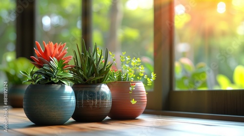 Vibrant Succulents in Morning Sunlight on Wooden Table by Window