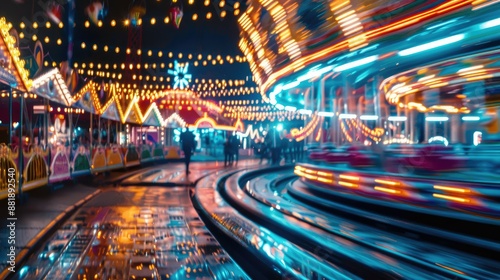 Blurred carnival lights in night time funfair