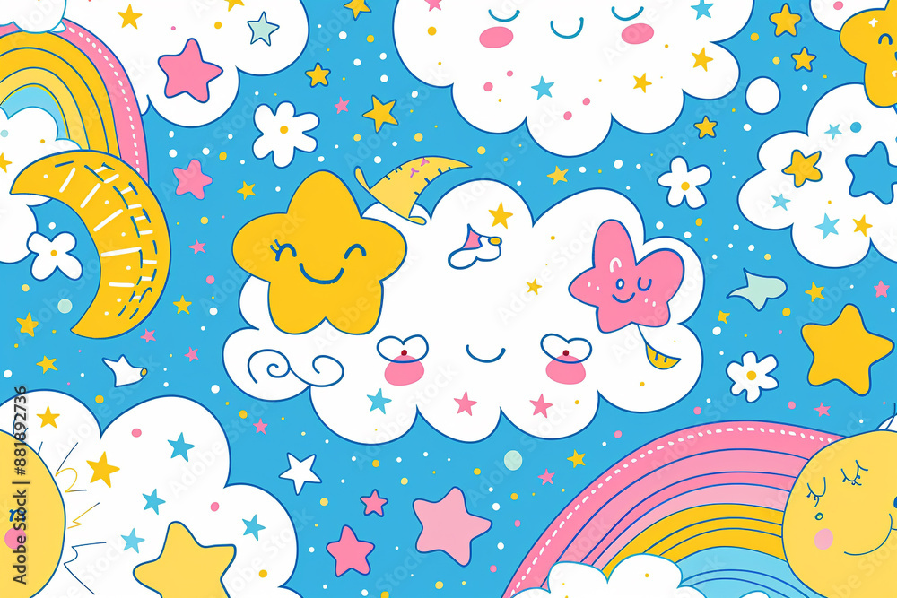 A seamless pattern of cute and colorful clouds, stars, rainbows, and suns on a blue background.
