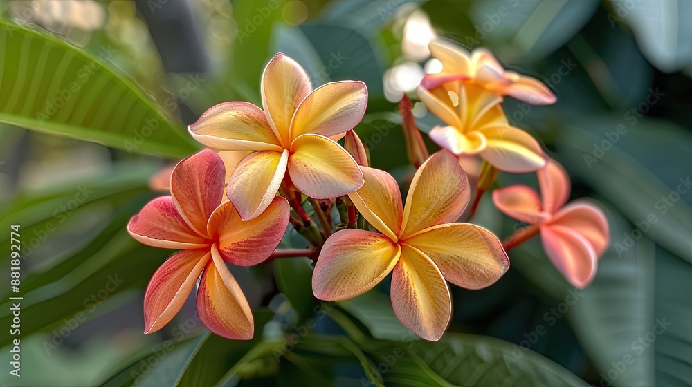 A group of flowers with yellow and pink petals. The flowers are in a green leafy background A group of flowers with yellow and pink petals. The flowers are in a green leafy background