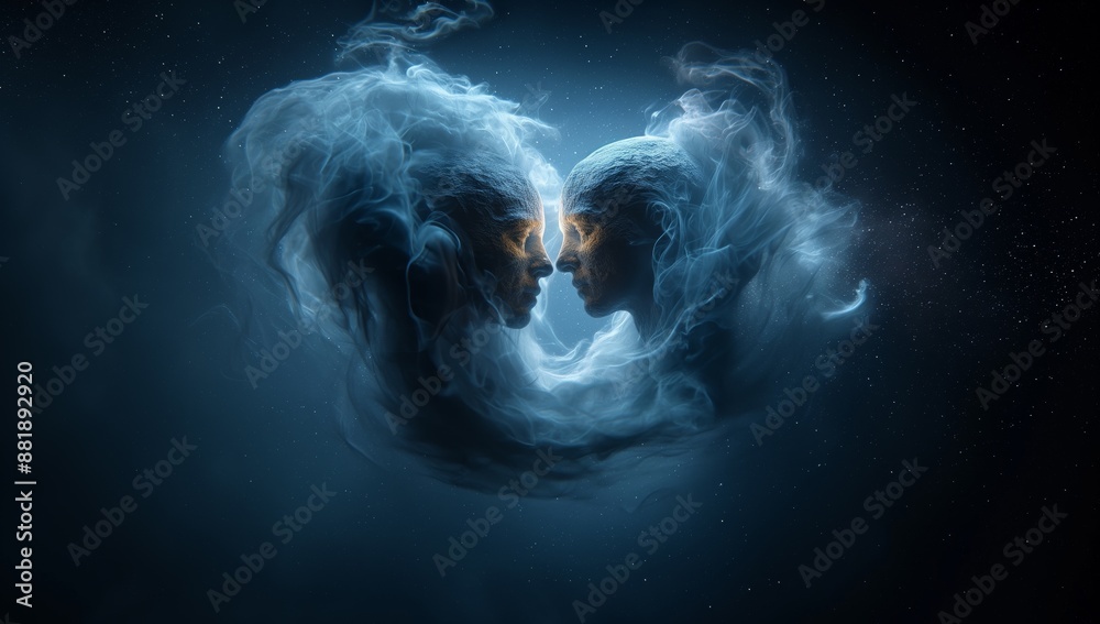Abstract Digital Art of Two Faces with Flowing Light Trails - Futuristic Concept of Connection and Energy Abstract Digital Art of Two Faces with Flowing Light Trails - Futuristic Concept of Connection and Energy