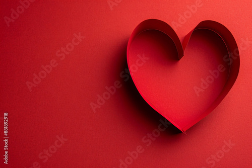 Photo of a heart shape cut from red paper on a solid background, symbolizing love and affection for Valentine's Day celebration. Web banner with empty space on the right side.