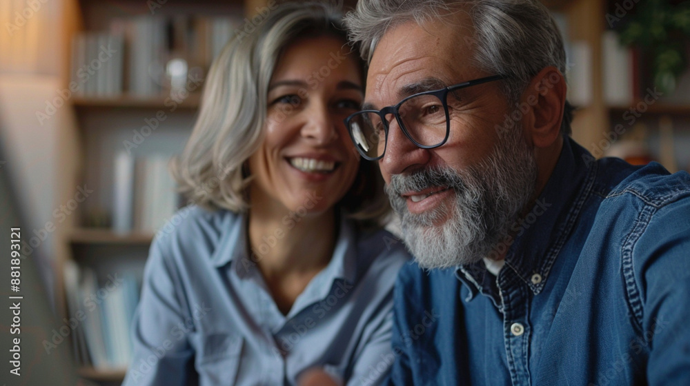 Smiling senior couple talking on the phone together at home Smiling senior couple talking on the phone together at home
