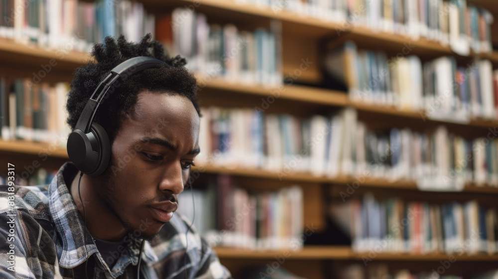 Man in headphones deep in thought at a library table, surrounded by bookshelves. Man in headphones deep in thought at a library table, surrounded by bookshelves.