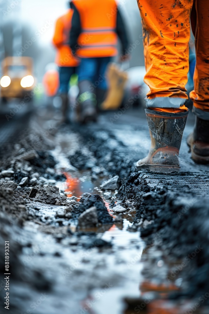 Construction Workers in High-Visibility Clothing Working on a Muddy Road Repair Project in Urban Area Construction Workers in High-Visibility Clothing Working on a Muddy Road Repair Project in Urban Area