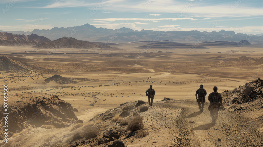 Four individuals walk along a dirt path through an expansive desert landscape, with mountains in the distance under a broad sky. Four individuals walk along a dirt path through an expansive desert landscape, with mountains in the distance under a broad sky.