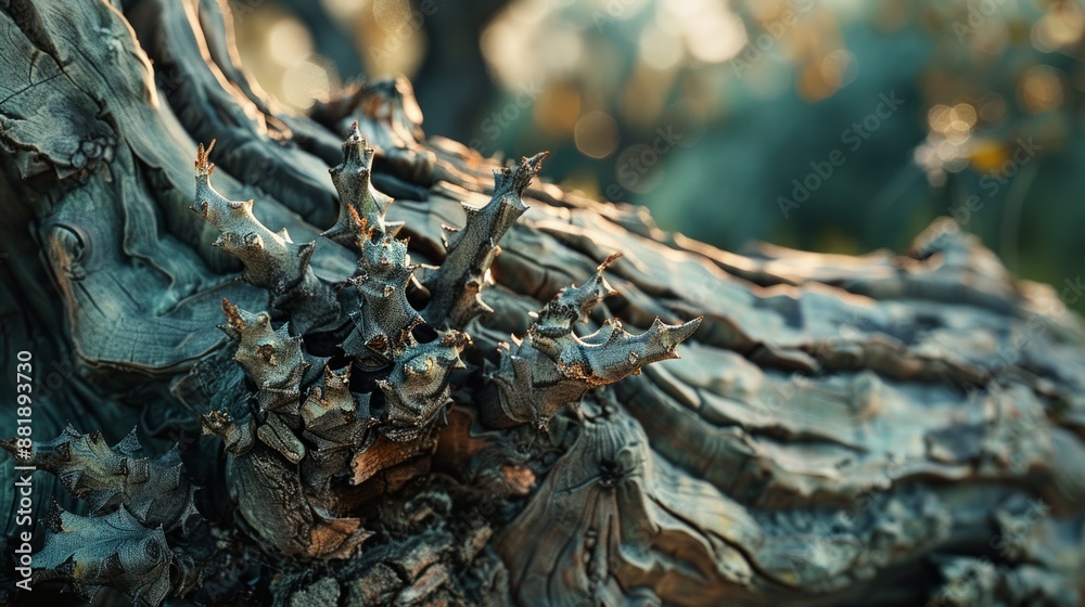 Fototapeta premium Intricate Details of a Weathered Tree with Sharp Thorns Below a Warm Sunset