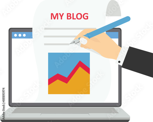 Blogger writing article online or journalism, storytelling and social marketing. Flat vector illustration

