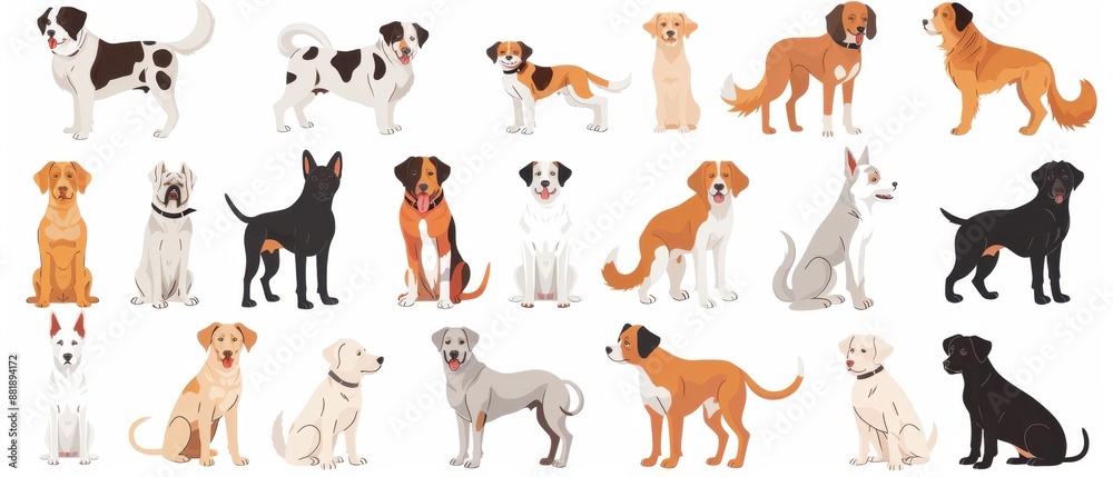 Fototapeta premium Dogs in various poses, pure white background, minimalist style, simple lines, soft colors
