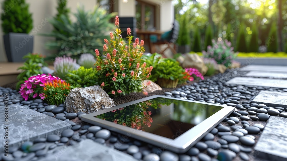 Fototapeta premium A tablet is sitting on a stone path next to a garden. The tablet is reflecting the surrounding environment, including the flowers and rocks. Concept of tranquility and relaxation, as the tablet