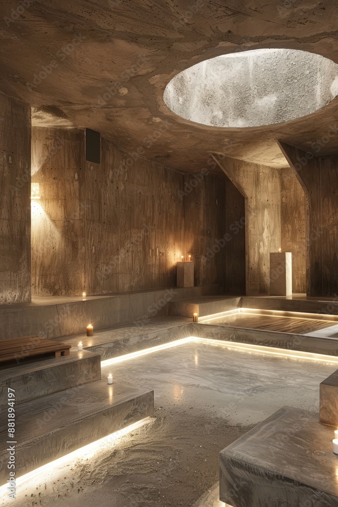 Naklejka premium Modern Minimalist Concrete Interior with Skylight and Ambient Lighting