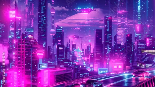 Wallpaper Mural A cityscape at night filled with neon lights and futuristic buildings, Neon cityscape with futuristic buildings and flying cars Torontodigital.ca