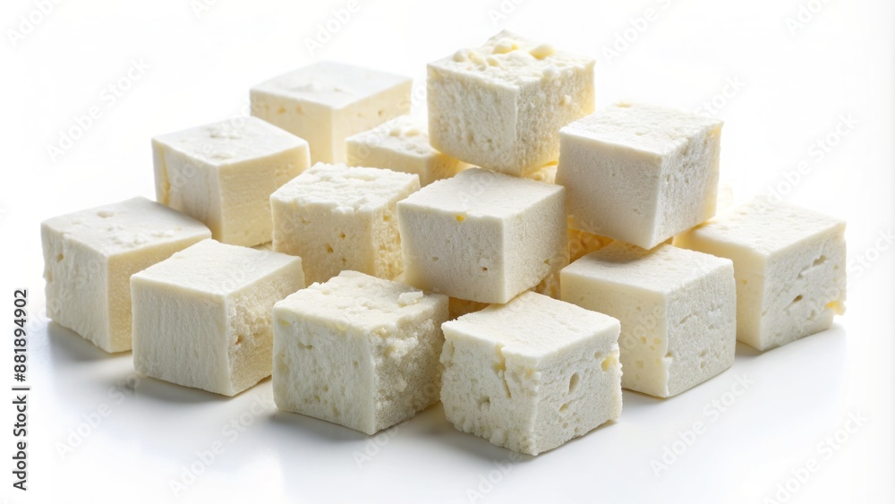 Crisp white background showcases cubes of creamy white feta cheese, perfectly arranged in a neat and clean composition.