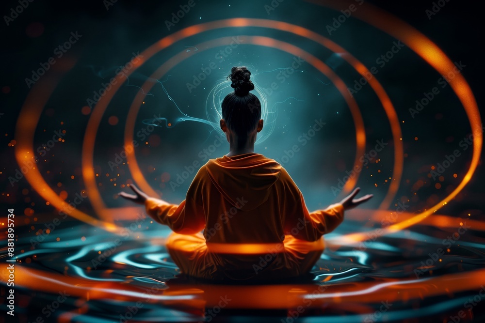 Meditating Figure with Glowing Energy Orbs and Spiral Light Trails - Futuristic Concept of Mindfulness and Energy Meditating Figure with Glowing Energy Orbs and Spiral Light Trails - Futuristic Concept of Mindfulness and Energy