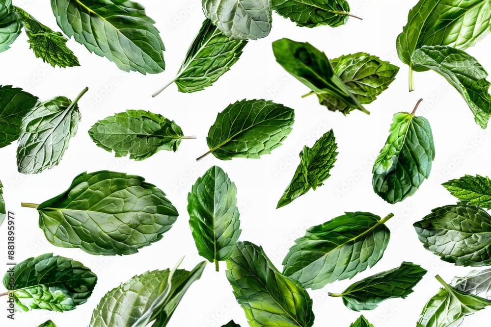 Flying delicious fresh mint leaves, cut-out