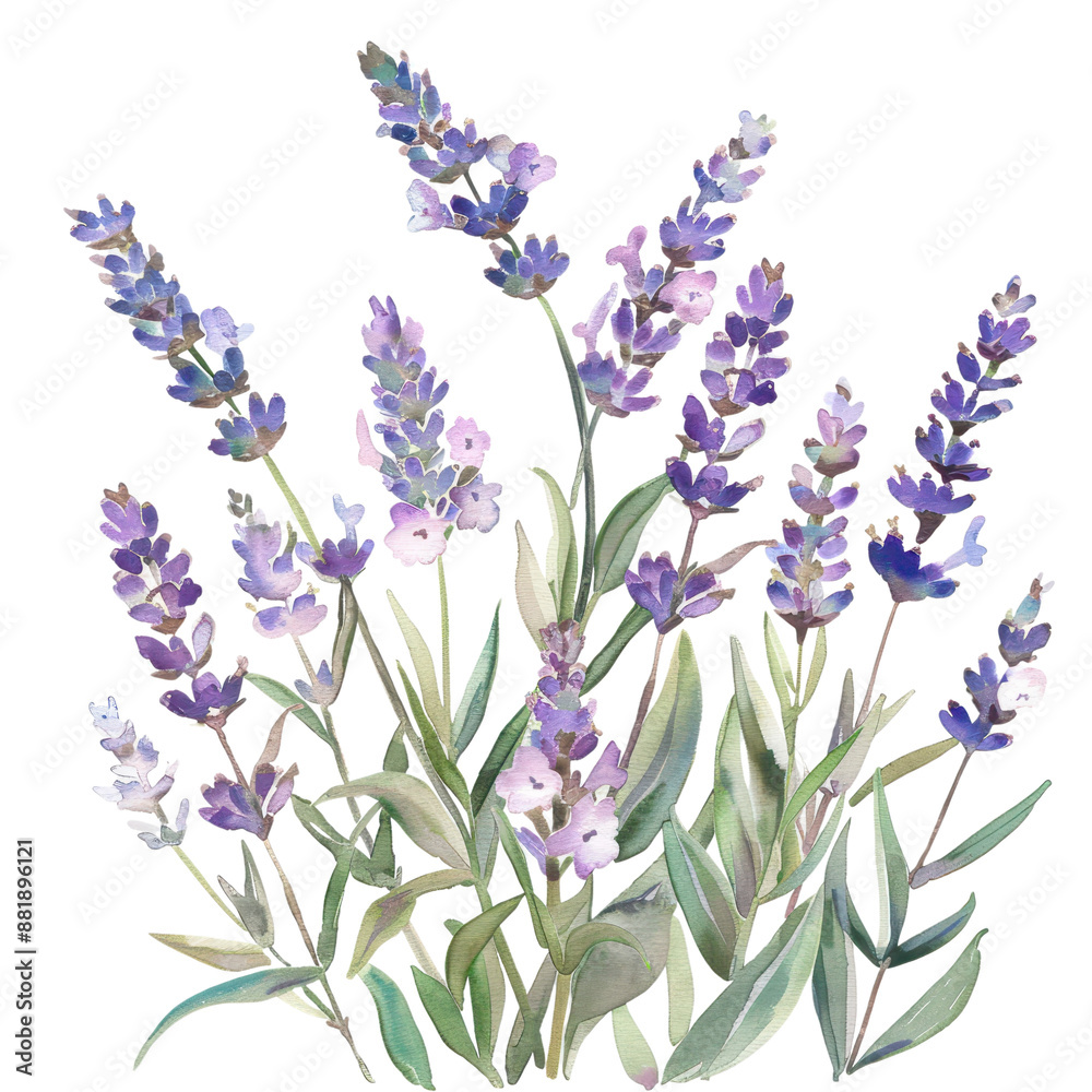 Naklejka premium Watercolor illustration of blooming lavender flowers, showcasing delicate purple petals and green leaves on a white background.