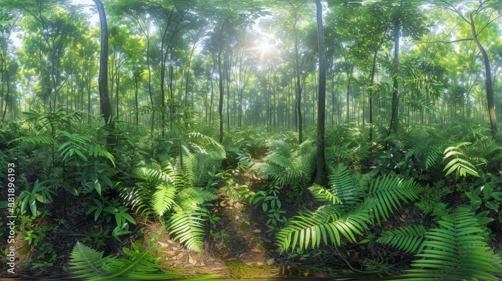 Lush Green Forest with Sunlight Shining Through Canopy in Summer Lush Green Forest with Sunlight Shining Through Canopy in Summer