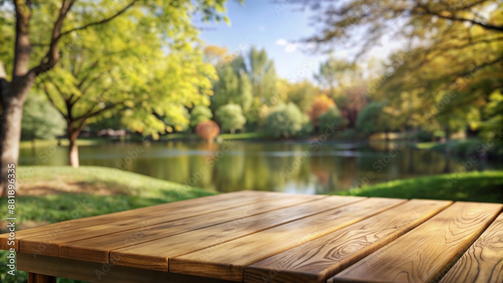 An empty wooden table sits in front of a park, surrounded by lush green trees. An empty wooden table sits in front of a park, surrounded by lush green trees.