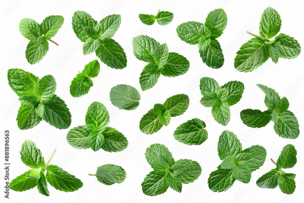 Flying delicious fresh mint leaves, cut-out Flying delicious fresh mint leaves, cut-out