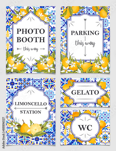 Blue tiles and lemon wedding signposts, vector 