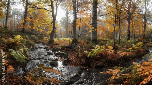 Serene Autumn Forest with Creek Flowing Through Colorful Trees