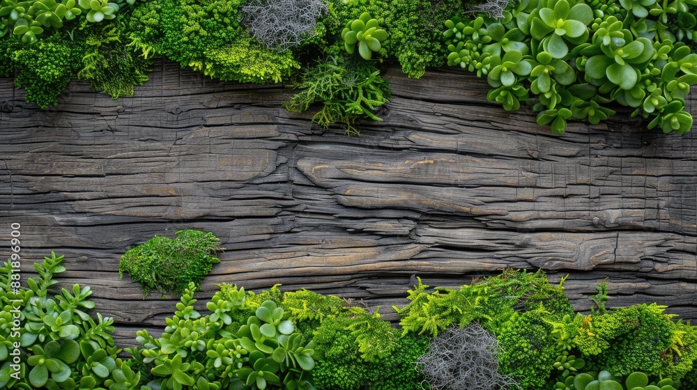 A wooden board with a green border and a variety of plants growing on it. The plants are arranged in a way that creates a natural and calming atmosphere A wooden board with a green border and a variety of plants growing on it. The plants are arranged in a way that creates a natural and calming atmosphere