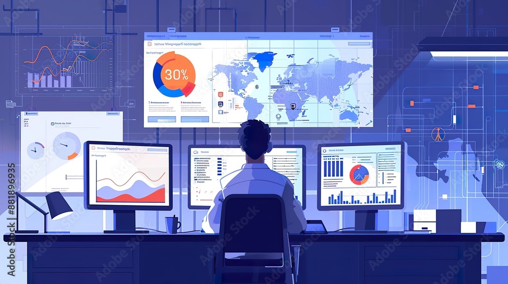 Businessman Analyzing Financial Data on Multiple Screens Businessman Analyzing Financial Data on Multiple Screens