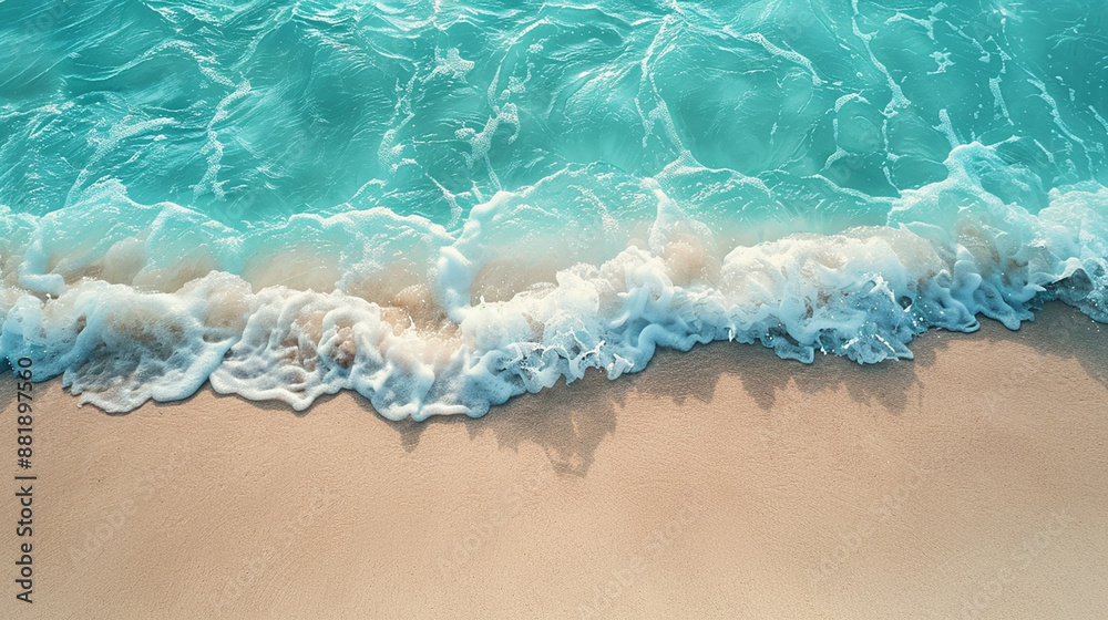 Close-up view of turquoise ocean waves gently crashing onto a sandy beach, capturing the serene essence of coastal beauty. Close-up view of turquoise ocean waves gently crashing onto a sandy beach, capturing the serene essence of coastal beauty.