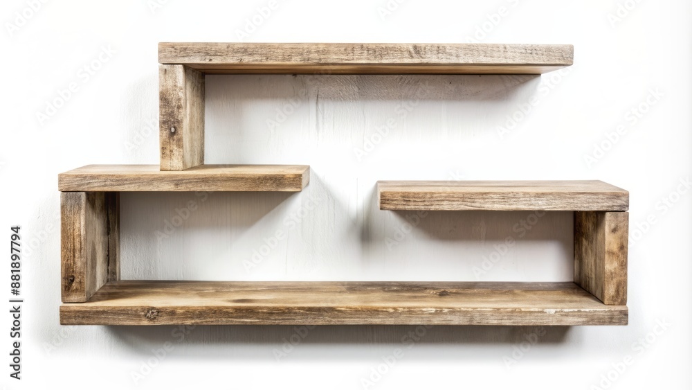 Clean minimalist composition featuring two rustic wooden wall shelves in a blank white environment, perfect for e-commerce product displays. Clean minimalist composition featuring two rustic wooden wall shelves in a blank white environment, perfect for e-commerce product displays.