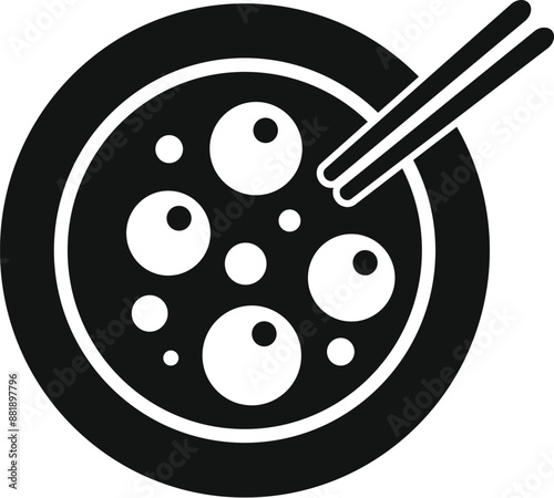 Simple black and white icon of a bowl of soup with chopsticks resting on top