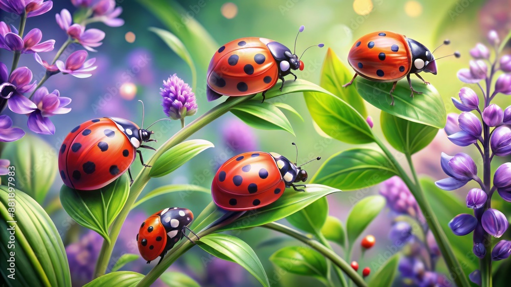 Colorful ladybugs crawl on lush green leaves surrounded by delicate purple flowers in a bright whimsical summer garden scene. Colorful ladybugs crawl on lush green leaves surrounded by delicate purple flowers in a bright whimsical summer garden scene.