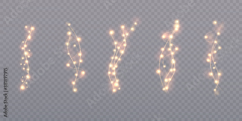 Christmas golden lights isolated on transparent background. For New Year and holiday decoration.	