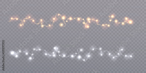 Bright garlands with a golden glow. Christmas lights for holiday illustrations. Garlands of yellow lights glow on a transparent background. Festive chain of lights.