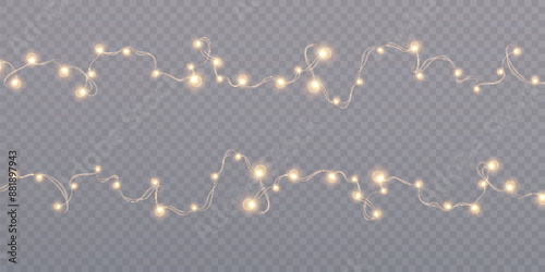 Bright garlands with a golden glow. Christmas lights for holiday illustrations. Garlands of yellow lights glow on a transparent background. Festive chain of lights.
