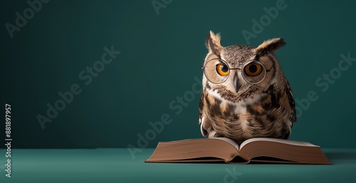 Wallpaper Mural Cute Owl with Glasses Reading a Book - Educational and Adorable Digital Art with Space for Text Torontodigital.ca
