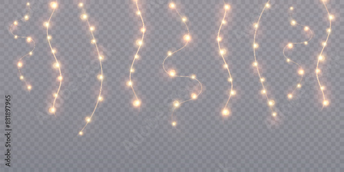 Christmas golden lights isolated on transparent background. For New Year and holiday decoration.	