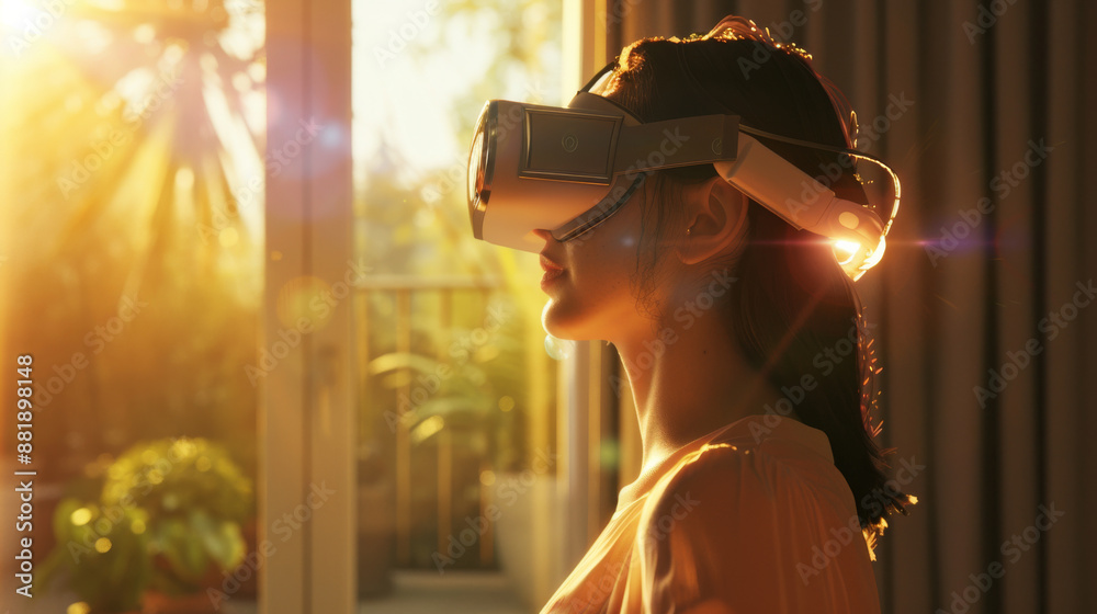 A woman immersed in virtual reality, bathed in the golden glow of a sunset, bringing technology and nature into a harmonious blend.