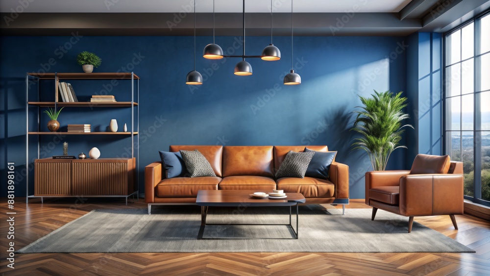 Fototapeta premium Minimalist chic living room with sleek leather sofa, empty dark blue walls, and modern appliances in a vacant space.